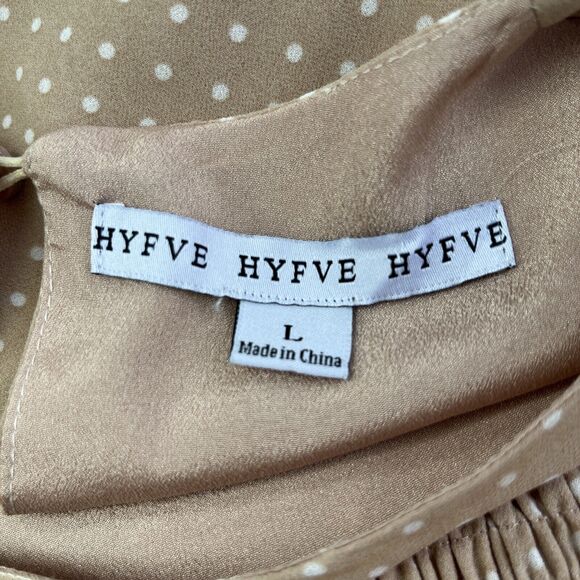 HYFVE HYFVE HYFVE Peach/Tan Polka Dot Bodycon Spring Dress Ruched Size Large - Picture 6 of 13